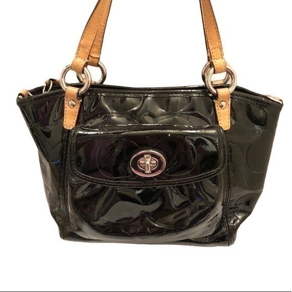 Coach mini tote embossed black patent leather bag